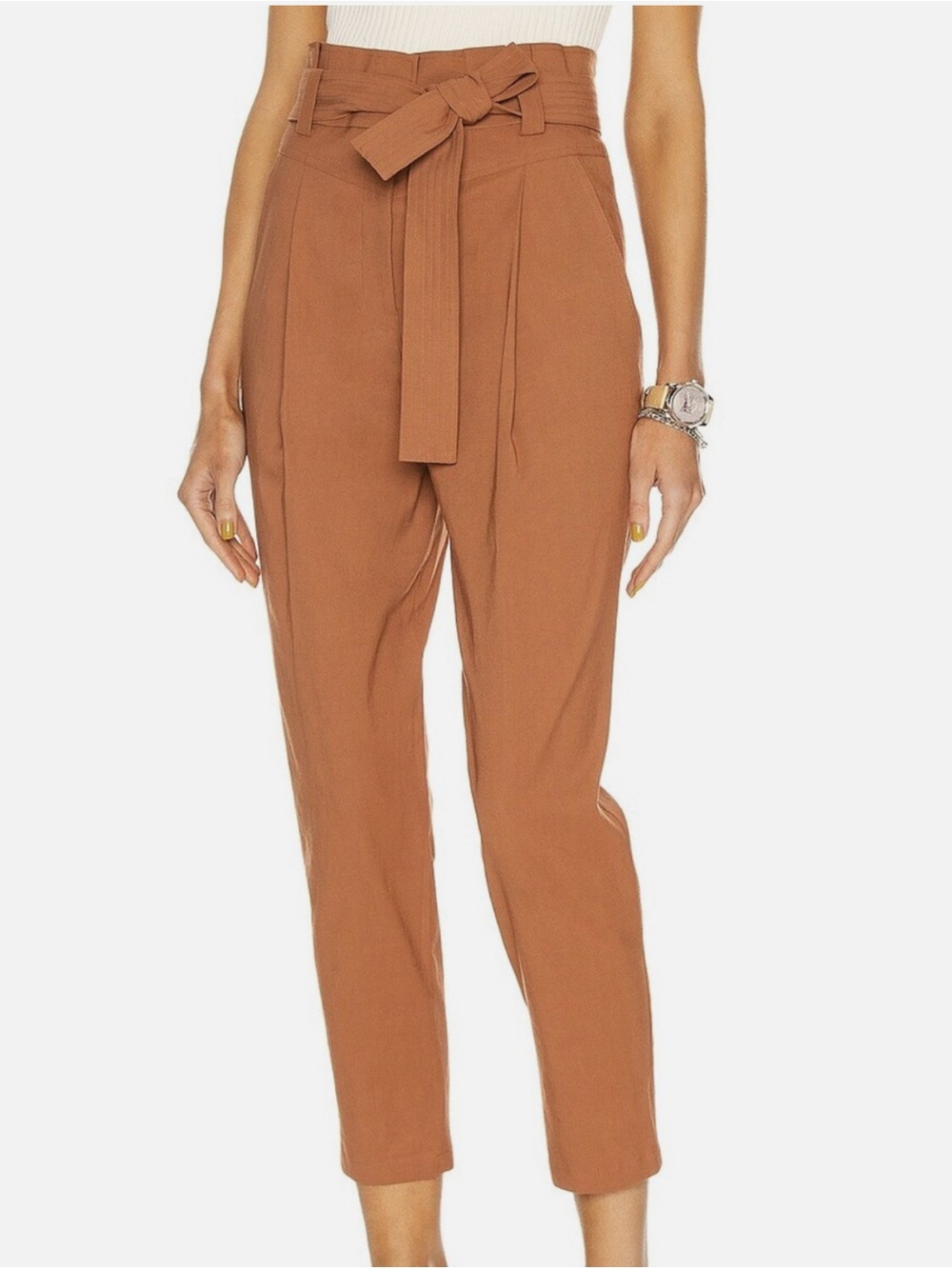 EUC ALC Davis Pants Linen/Viscose Blend High Waist Paperbag Tapered Deep Amber